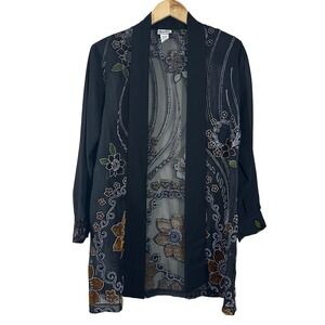 LA Design Fashion Women's Cardigan Black Sheer‎ Burnout Floral Open Midi Size M